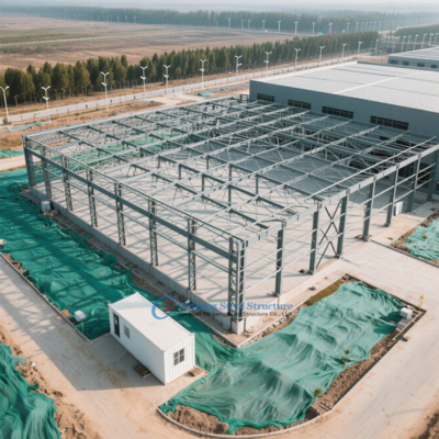Capannone prefabbricato in acciaio PEB a grande luce per uso industriale con carroponte e ventilazione